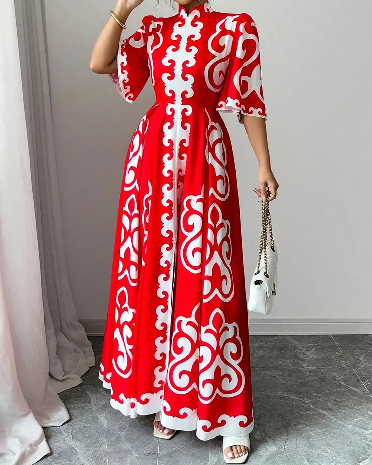 Stand Collar Short Sleeve Printed Dress