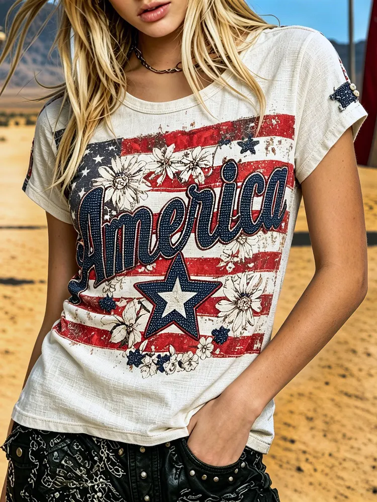 Women's Retro American Flag Floral Sequin Print Cotton Linen Comfortable T-shirt