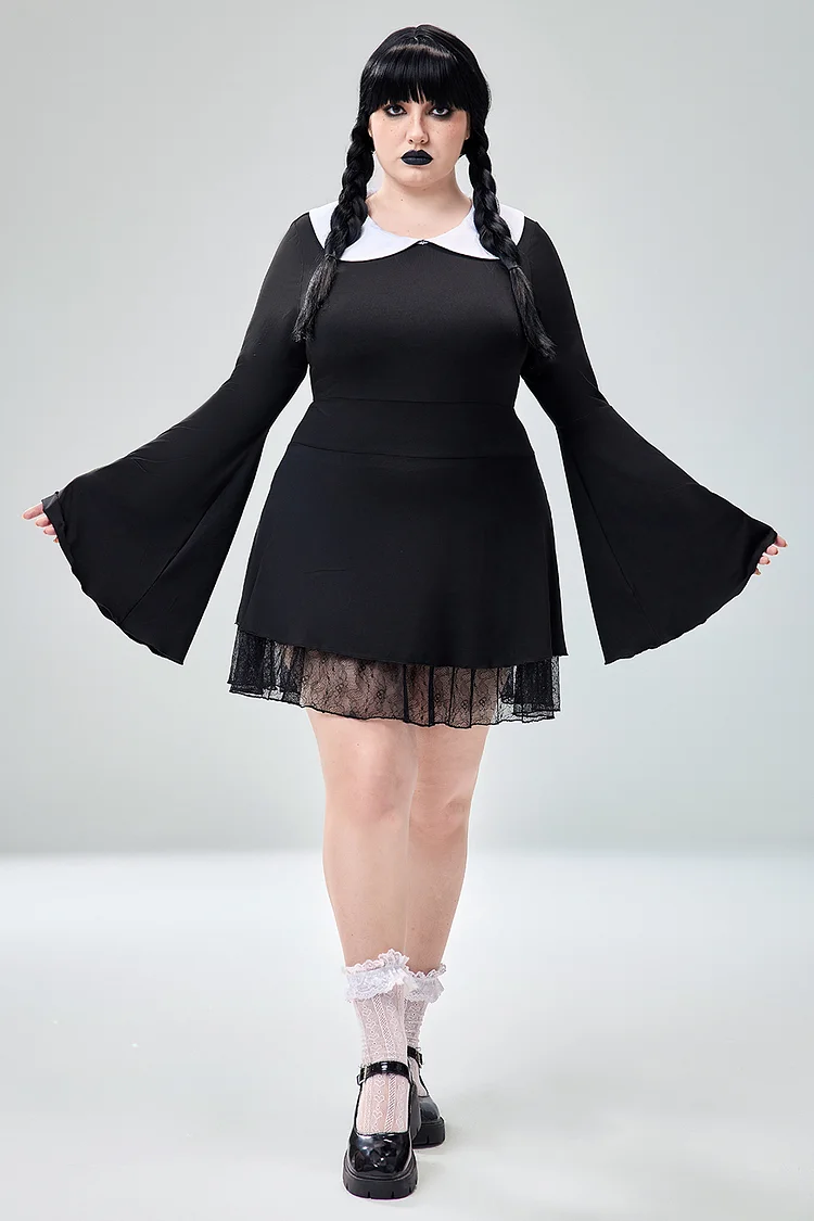 Xpluswear Design Plus Size Halloween Costume Black Flare Sleeve Knitted Mini Dress 
