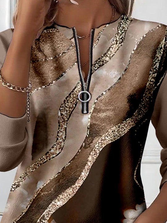 Women Long Sleeve Scoop Neck Striped Colorblock Printed Graphic Zipper Tops