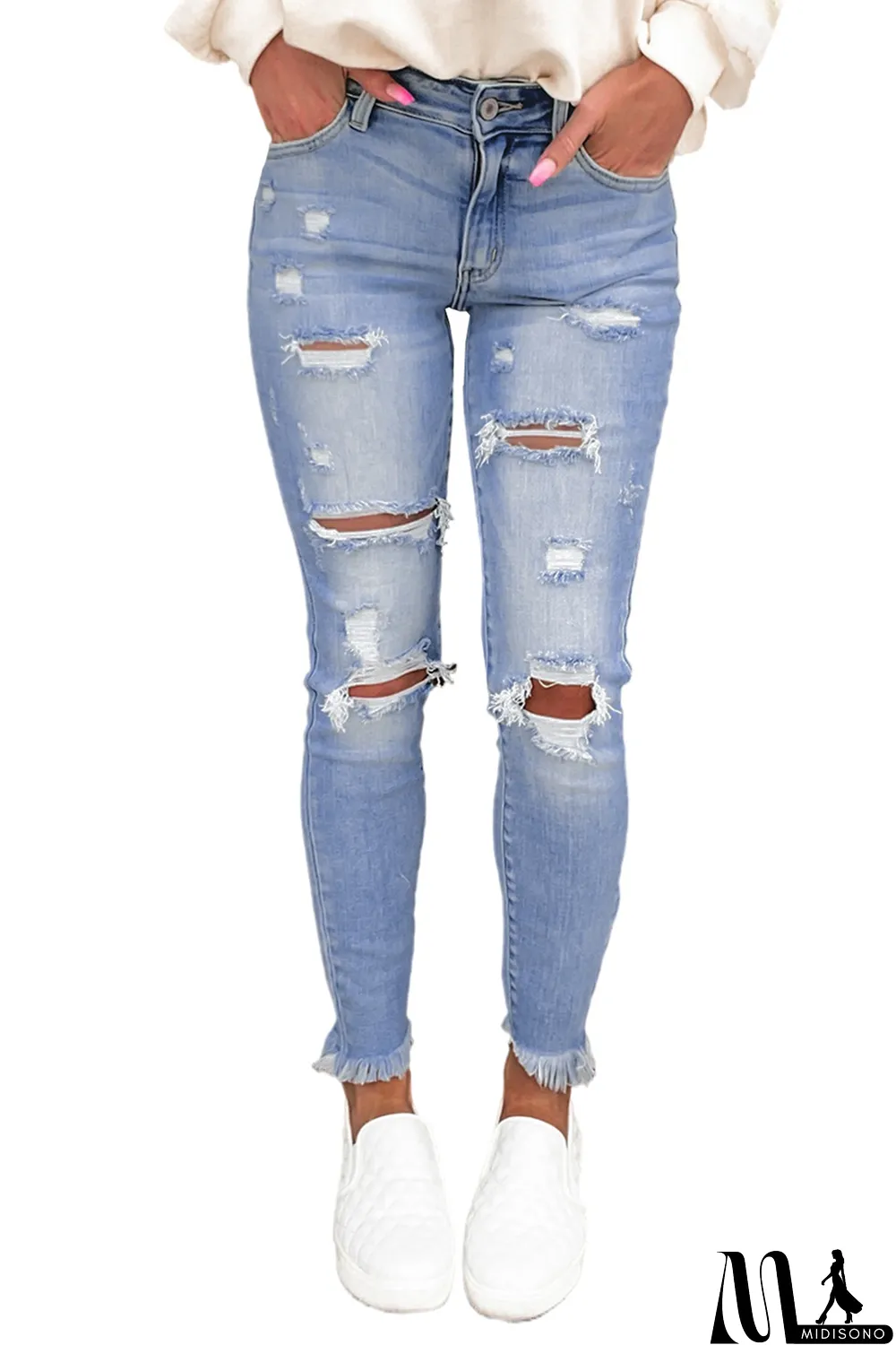 MidiSono - Blank Apparel - Light Blue Washed Ripped Jeans