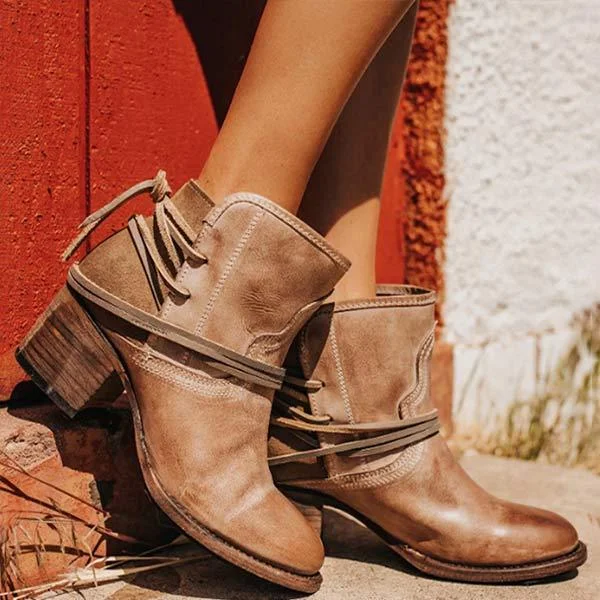 Women'S Vintage Lace Up Chunky Heel Booties