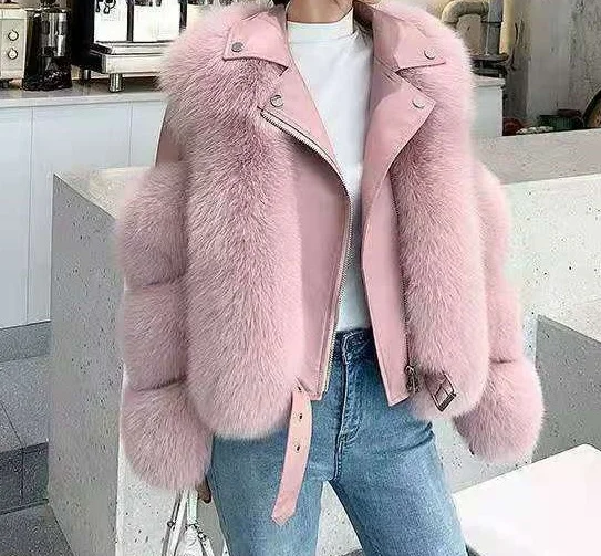 Women Faux Fur Coat with Fox Fur Winter Fashion New Motorcycle Style Luxury Fox Fur Leather Jackets Women Trendy Overcoats