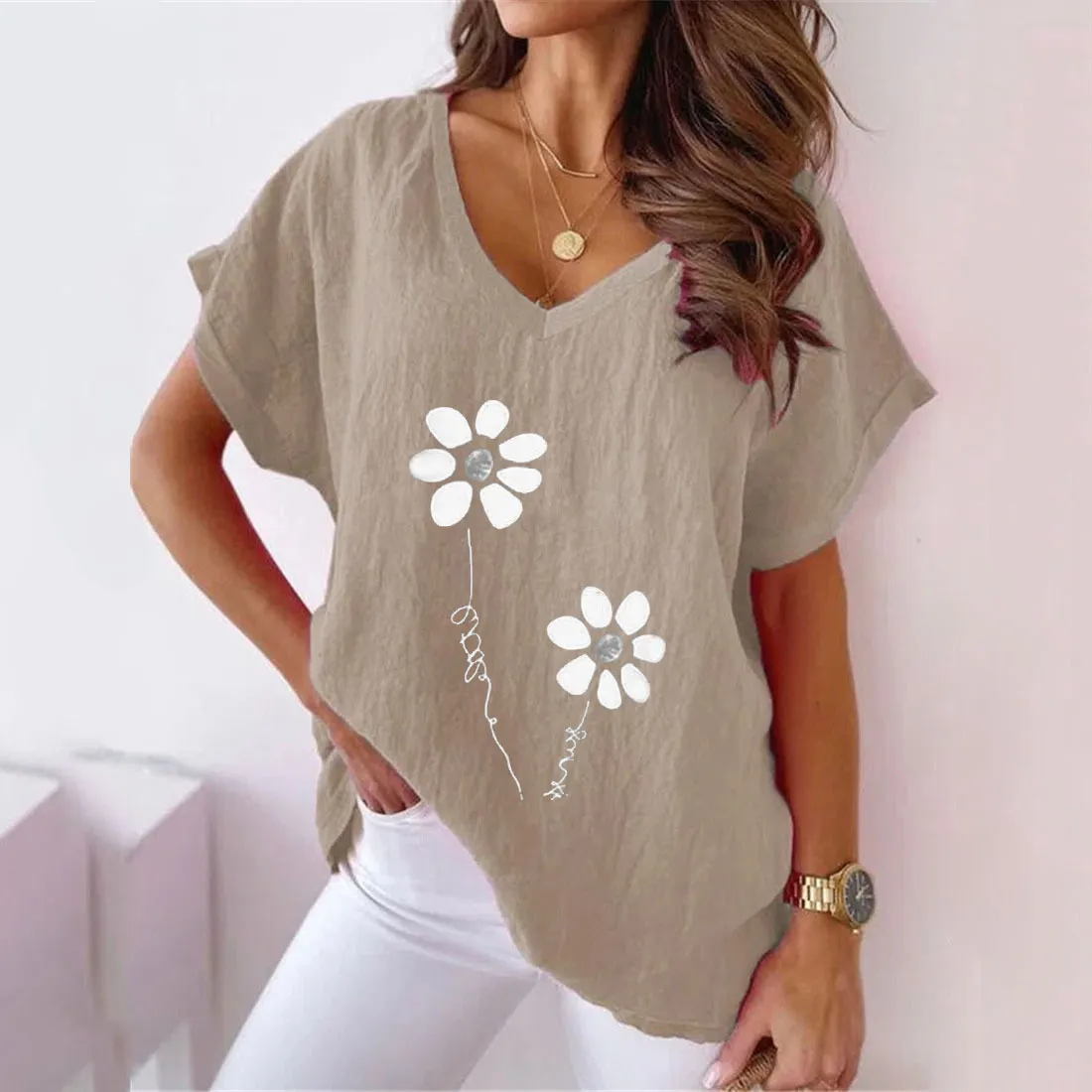 Sleeveless T-shirt with Daisy print round neck
