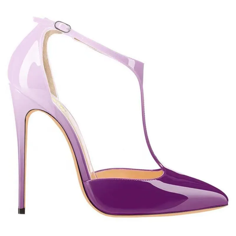 120mm Womens T-Strap Pumps High Heels White Purple Patent Pumps-vocosishoes