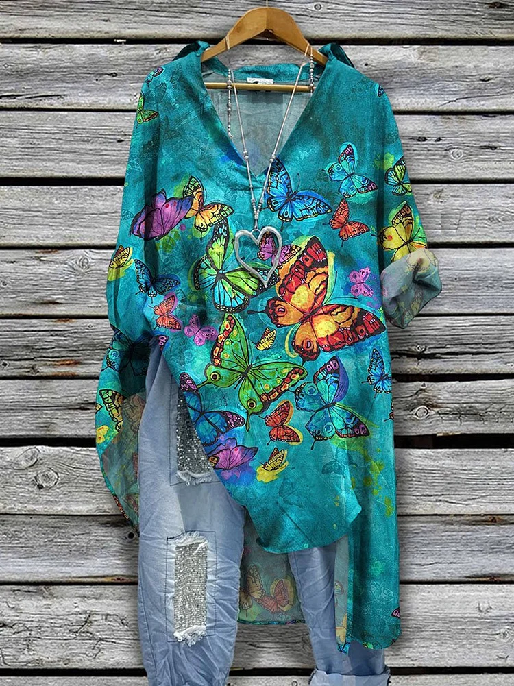 Women's Lovely Butterfly Art Print Casual Cotton And Linen Shirtdress