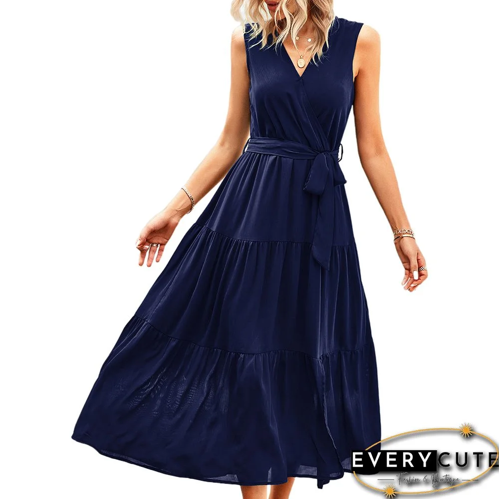 Navy Blue V Neck Sleeveless Tie Waist Midi Dress