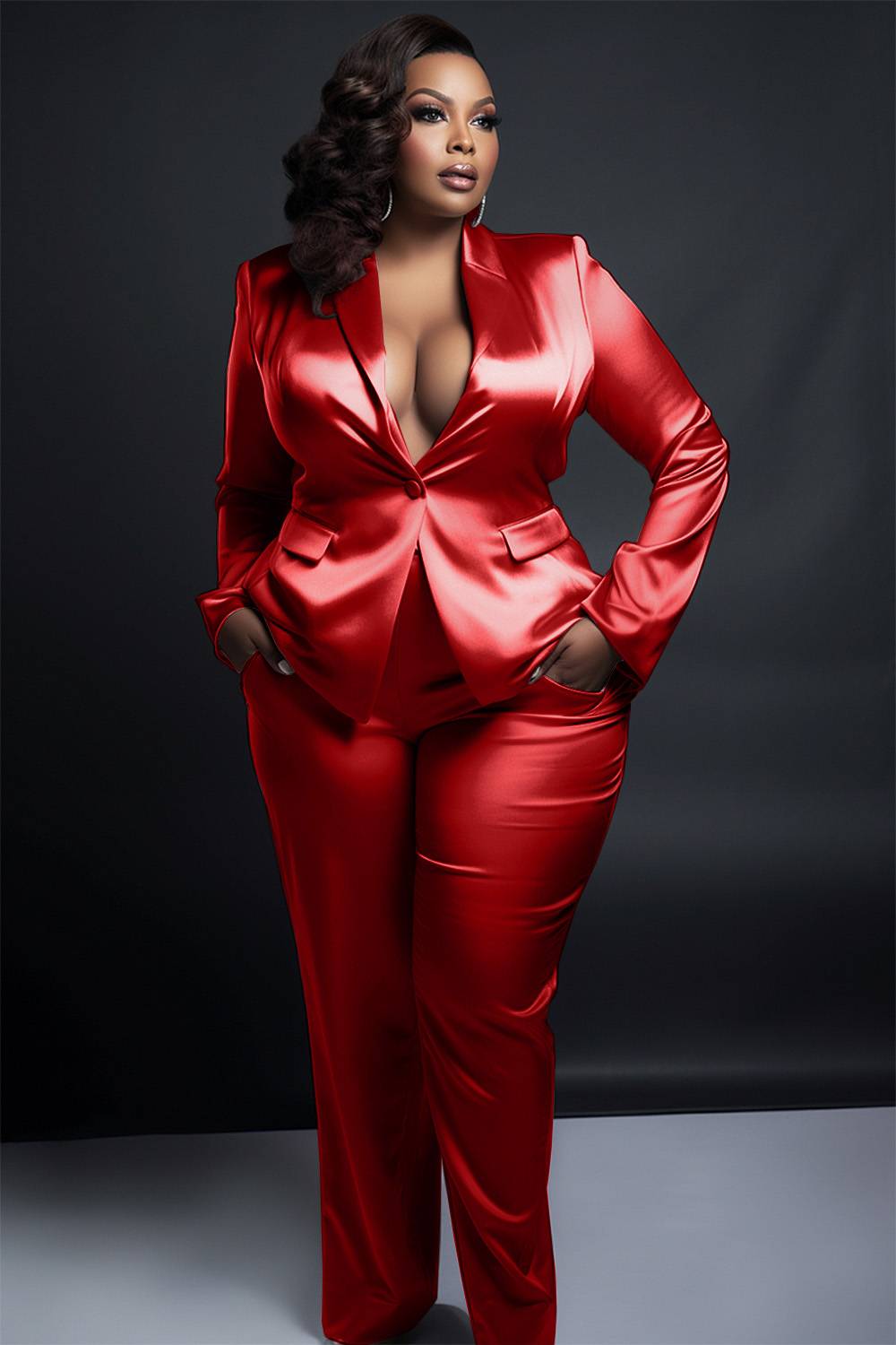 Design Plus Size Semi Formal Pant Sets Elegant Red Turndown Collar Long Sleeve Satin Blazer Suit Two Piece Pant Sets With Pocket [Pre-Order]