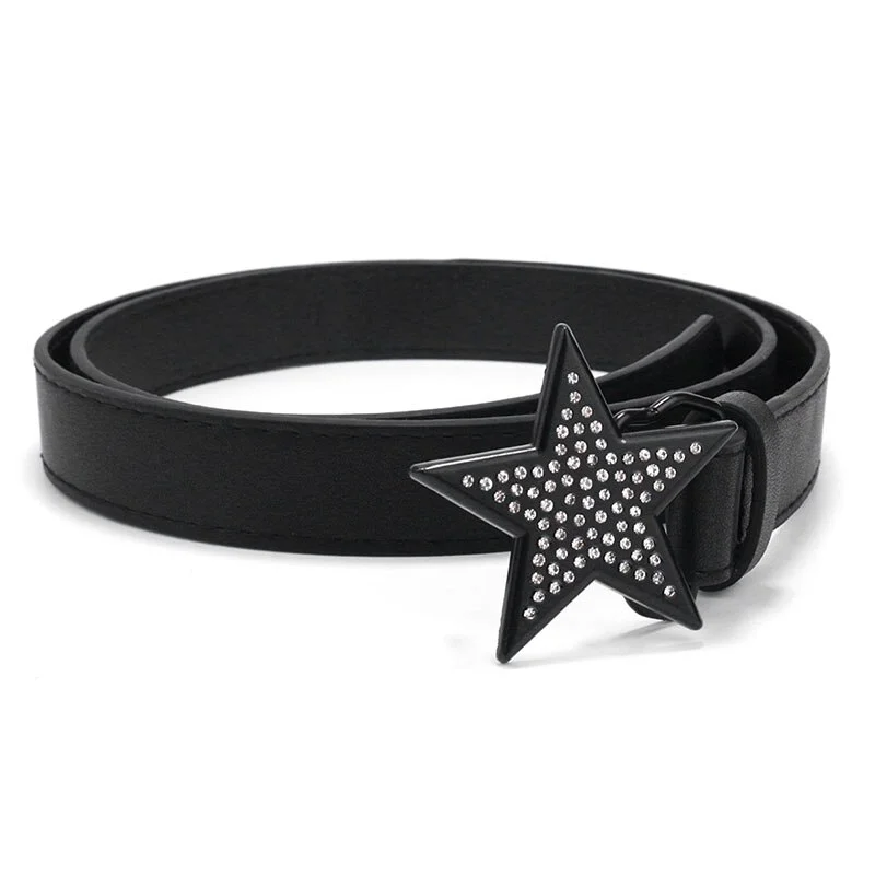 Fashion  Pu Women's Belt Rhinestone Black Star Buckle Waist Strap Designer Student Suit Jeans Trouser Decorative Waistband