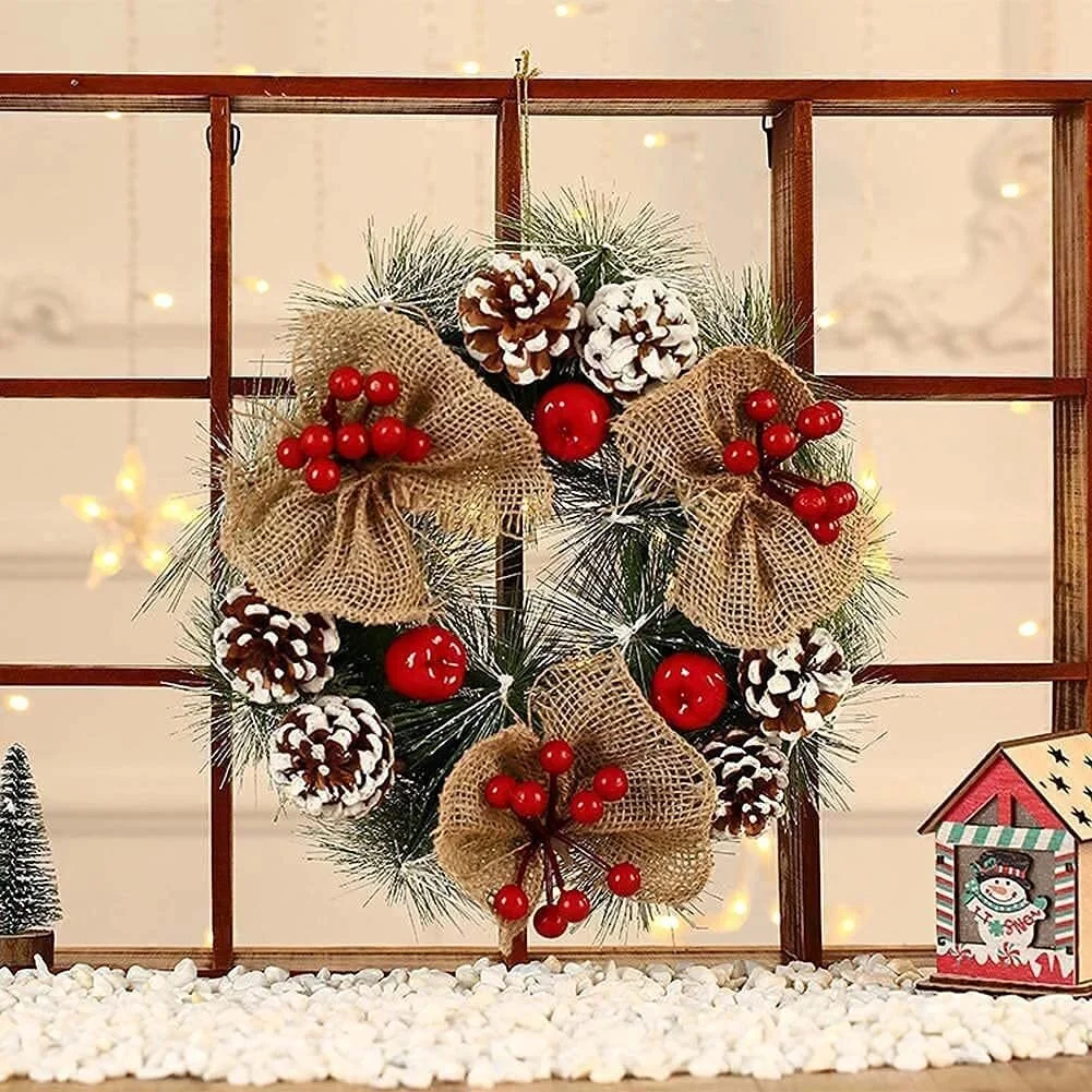 Red Berries Pine Cones Burlap Bow Christmas Wreath Winter Wreath