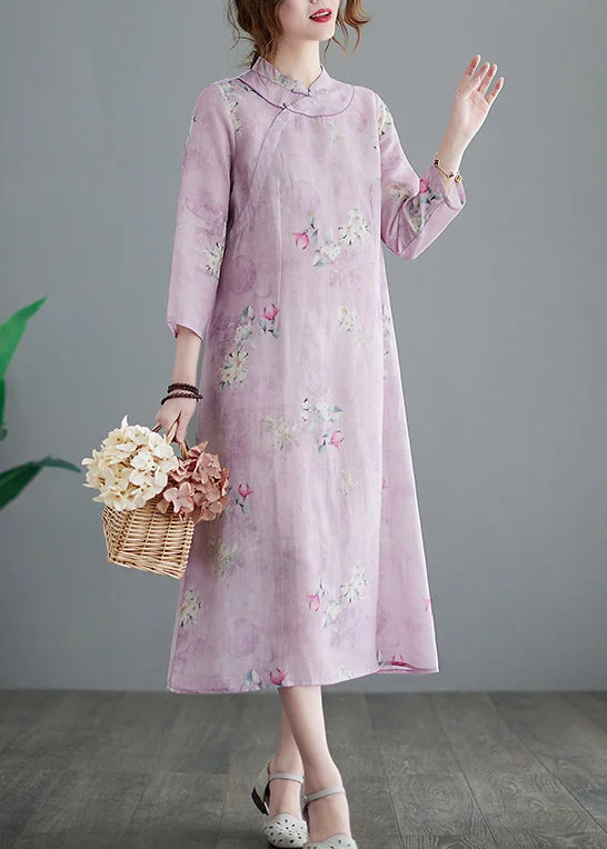 Vintage Stand Collar Button Print Linen Cheongsam Dress Three Quarter sleeve