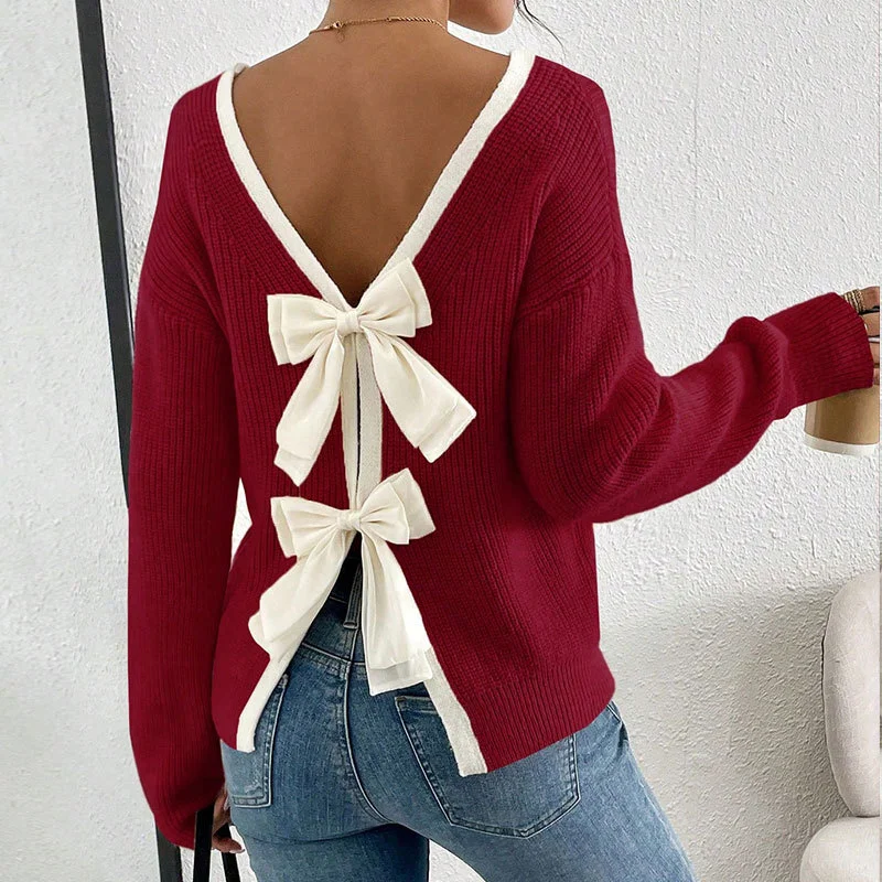 Athvotar Athvotar And Winter New Sweater Women's Fashion Back Bow Decorated Round Collar Knitted Shirt