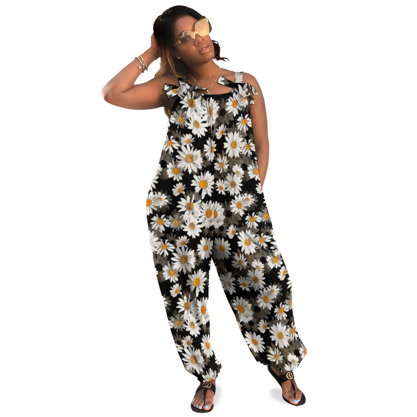 White Daisies On Black Floral Pattern Plus Size Women Rompers Summer Casual Loose Jumpsuit Boho Pockets Polyester Spandex