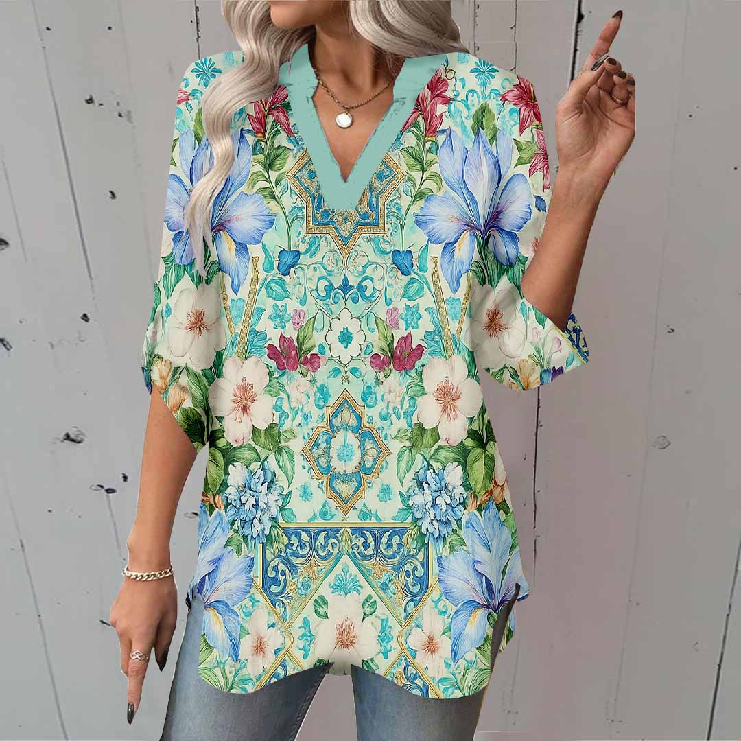 Women Floral, Green, Blue, Red DZGA0151 3/4 Sleeve V-neck Printed Graphic Button Tops
