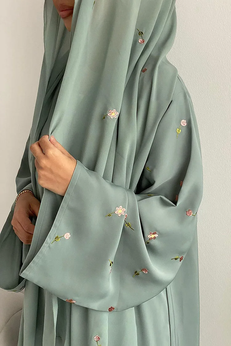 Floral Embroidery Long Sleeve Abaya Long Cardigan With Head Scarf