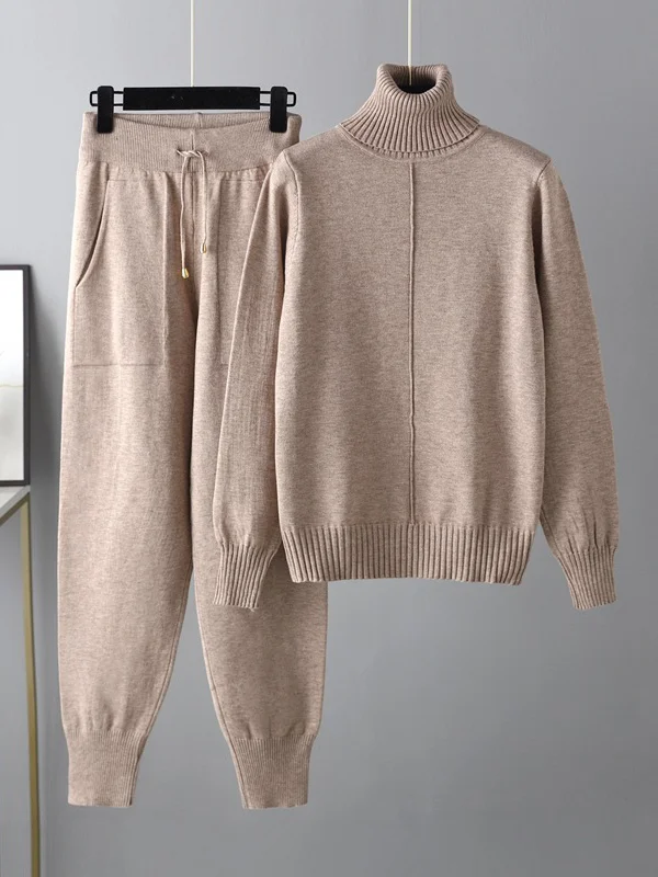 Casual Solid Long Sleeves High-Neck Sweater Tops & Drawstring Wide Leg Pants Suits