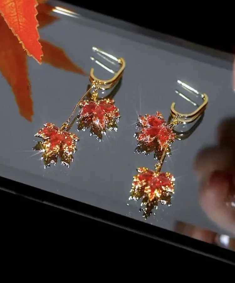 Modern Red Copper Overgild Maple leaves Tassel Drop Earrings
