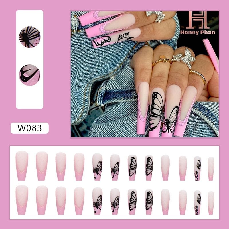 24Pcs/Box Pink French False Nails With Glue Black Butterfly Transfer Fake Nail Tips Detachable Acrylic Coffin Bow Press On Nails