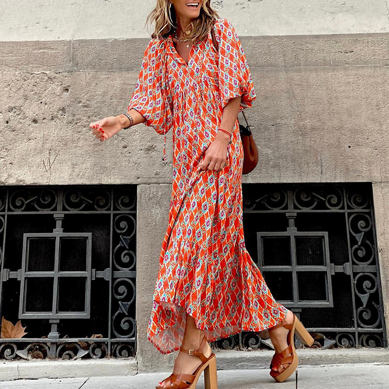 Legant V-Neck Boho Print Midi Dress wearshes