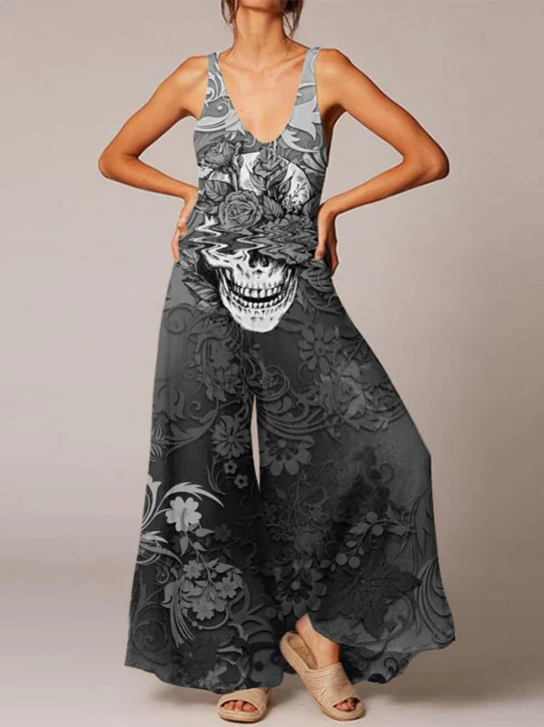 Skull flower casual loose wide-leg jumpsuit