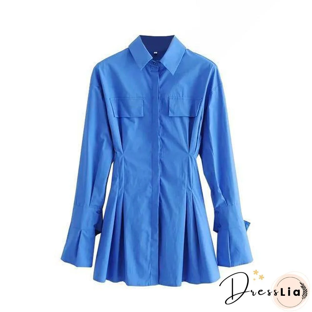 Elegant Blue Cotton Shirt Dress Women Spring High Fashion Solid Color Flared Sleeve Bodycon Mini Dresses OL Vestidos