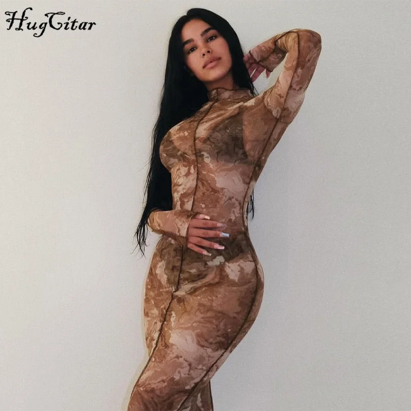 Hugcitar 2021 Long Sleeve Print See-Through Ruched Bodysuit Pencil Pants 2 Pieces Set Sexy Summer Women Streetwear Club Y2K