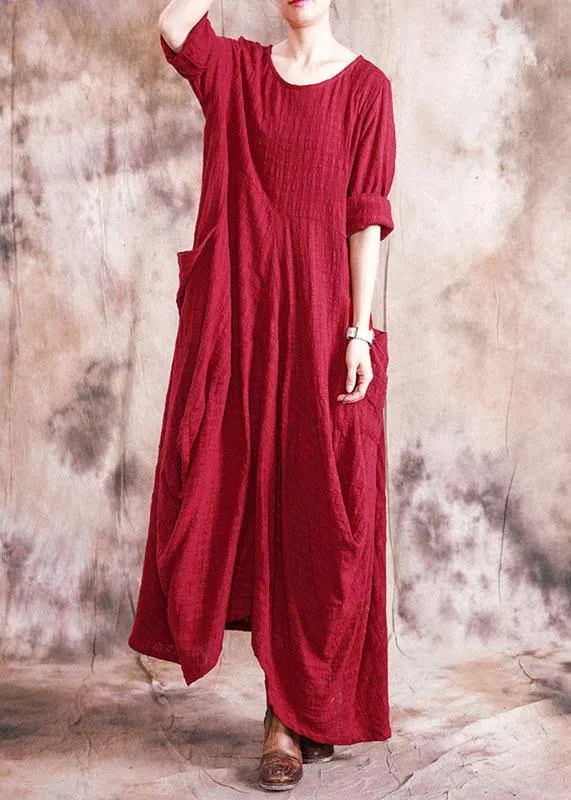 Organic asymmetric linen clothes For Women Fabrics red Dress fall