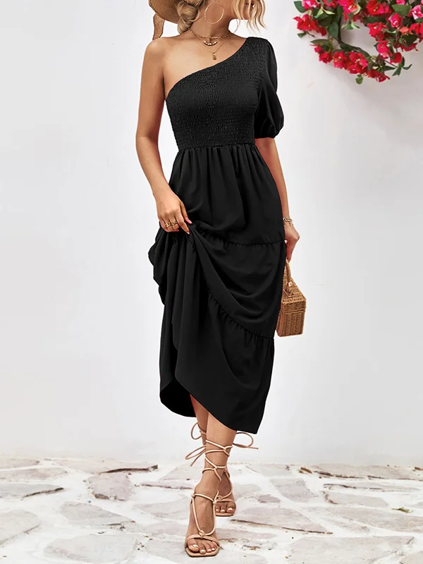 Solid Color Loose Puff Sleeves One-Shoulder Midi Dresses