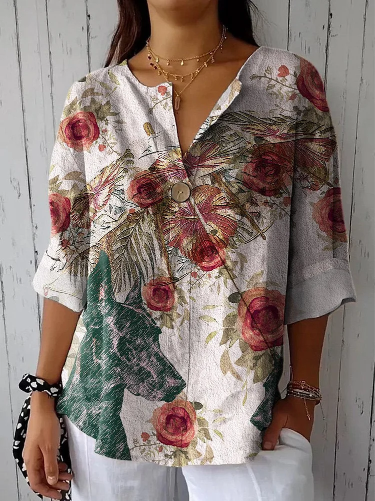 Women's Vintage Art Puppy Rose Print Casual Cotton and Linen Shirt