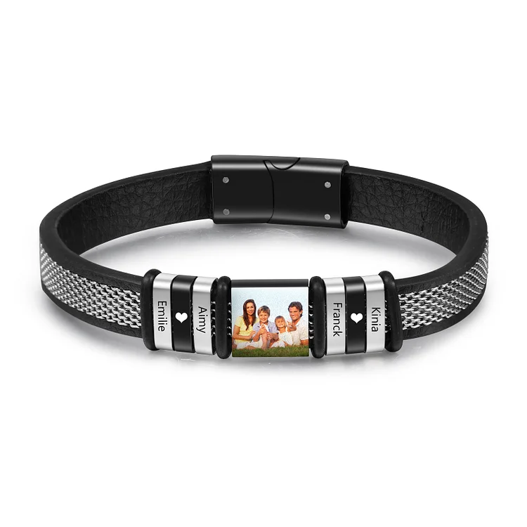 Personalized Photo Bangle Bracelet Engrave 4 Names Beaded Wrap Bracelet