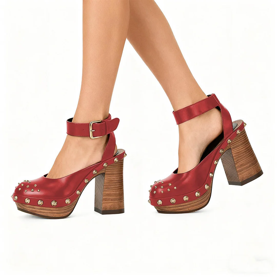 Women's Red Buckle Ankle Strap Studded Pumps Shoes with Platform