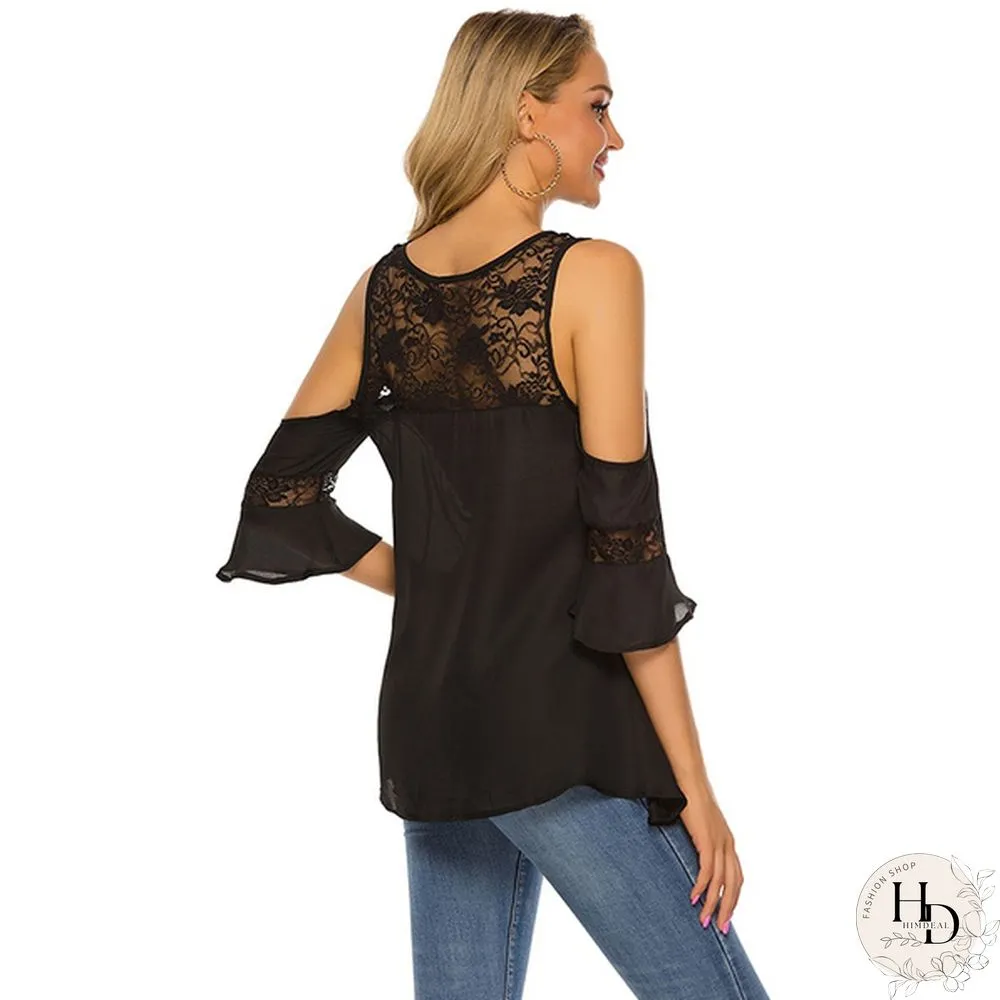 Women Summer Fashion Chiffon Lace Tops Strapless Flare Half Sleeve Tops Stitching Hot Tops