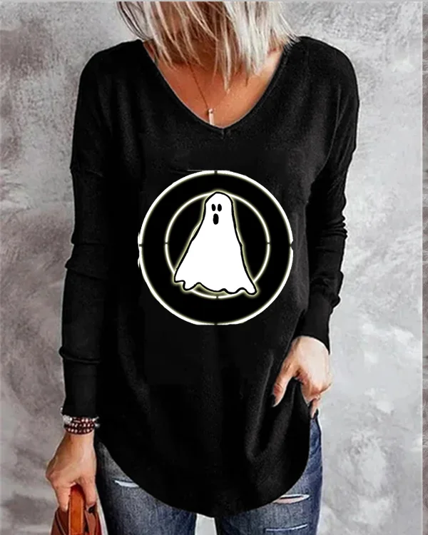 Women's Halloween Print V-neck Long Sleeve T-shirt