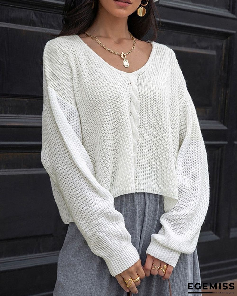 Braided Knit Long Sleeve Casual Sweater | EGEMISS