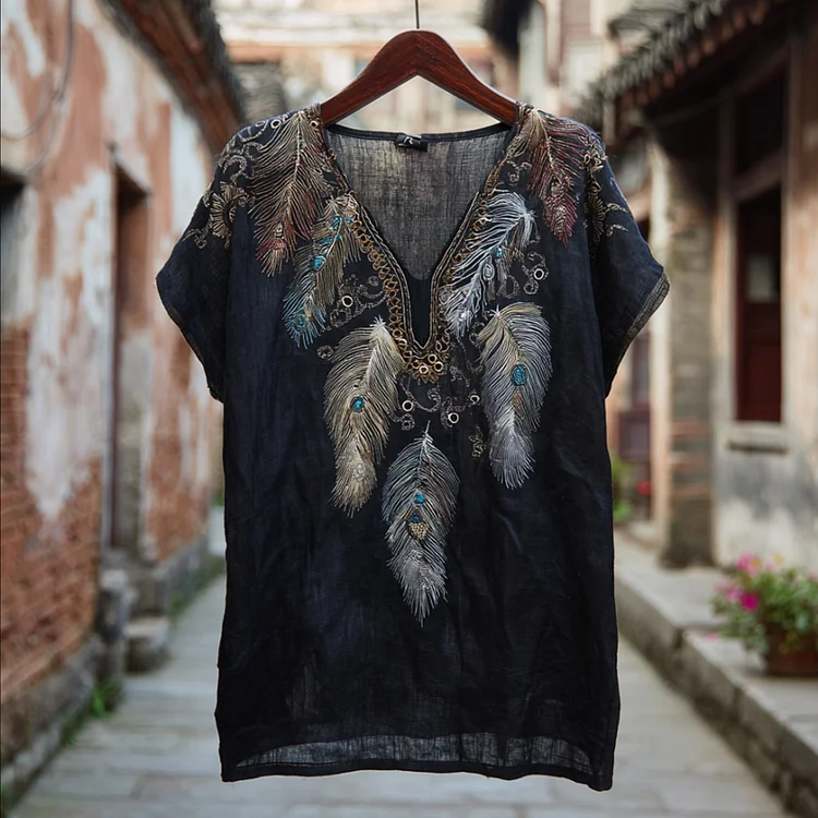 Western-style Feather Gem Element Tie-dye Vintage V-neck Linen Thin Short-sleeved Shirt