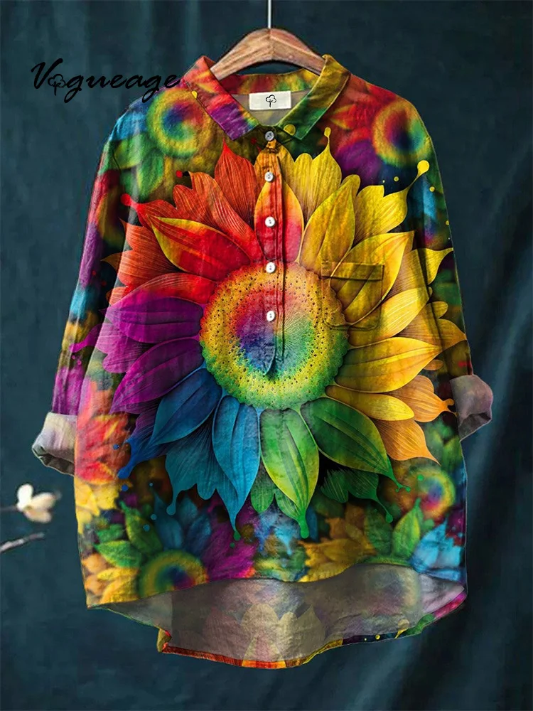 Colorful Bright Rainbow Flowers Print Cotton And Linen Shirt