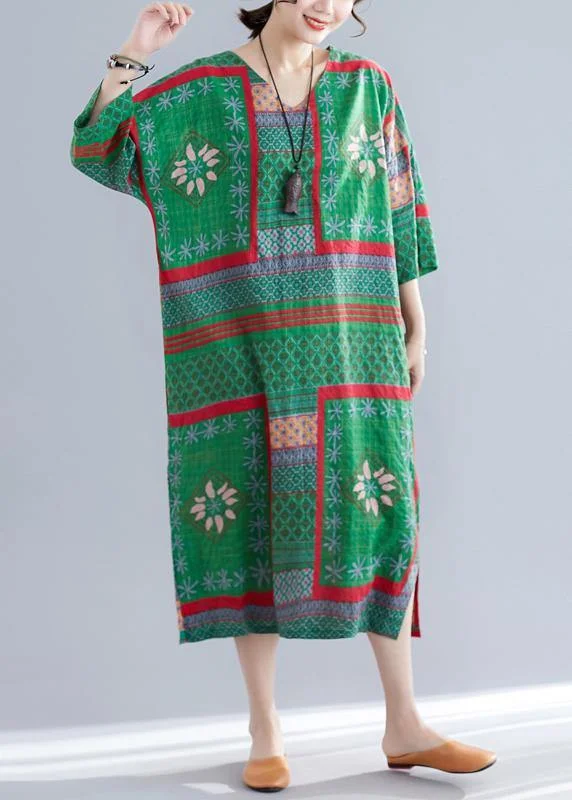 Bohemian v neck side open cotton Women pattern green print Maxi Dresses summer