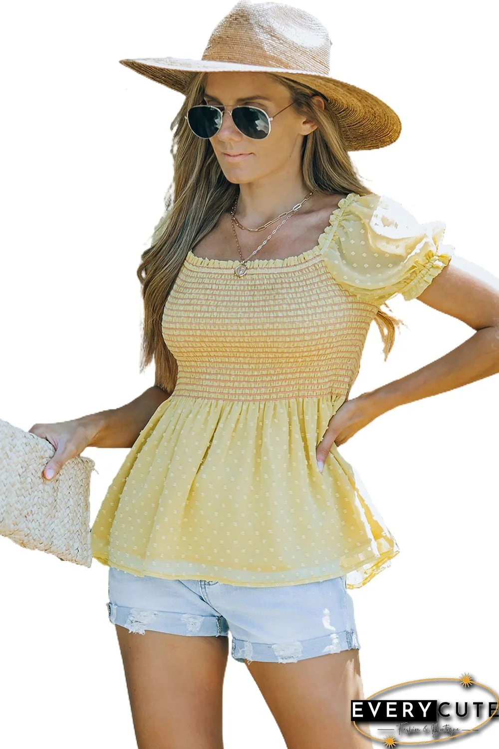 Yellow Swiss Dot Smocked Peplum Top