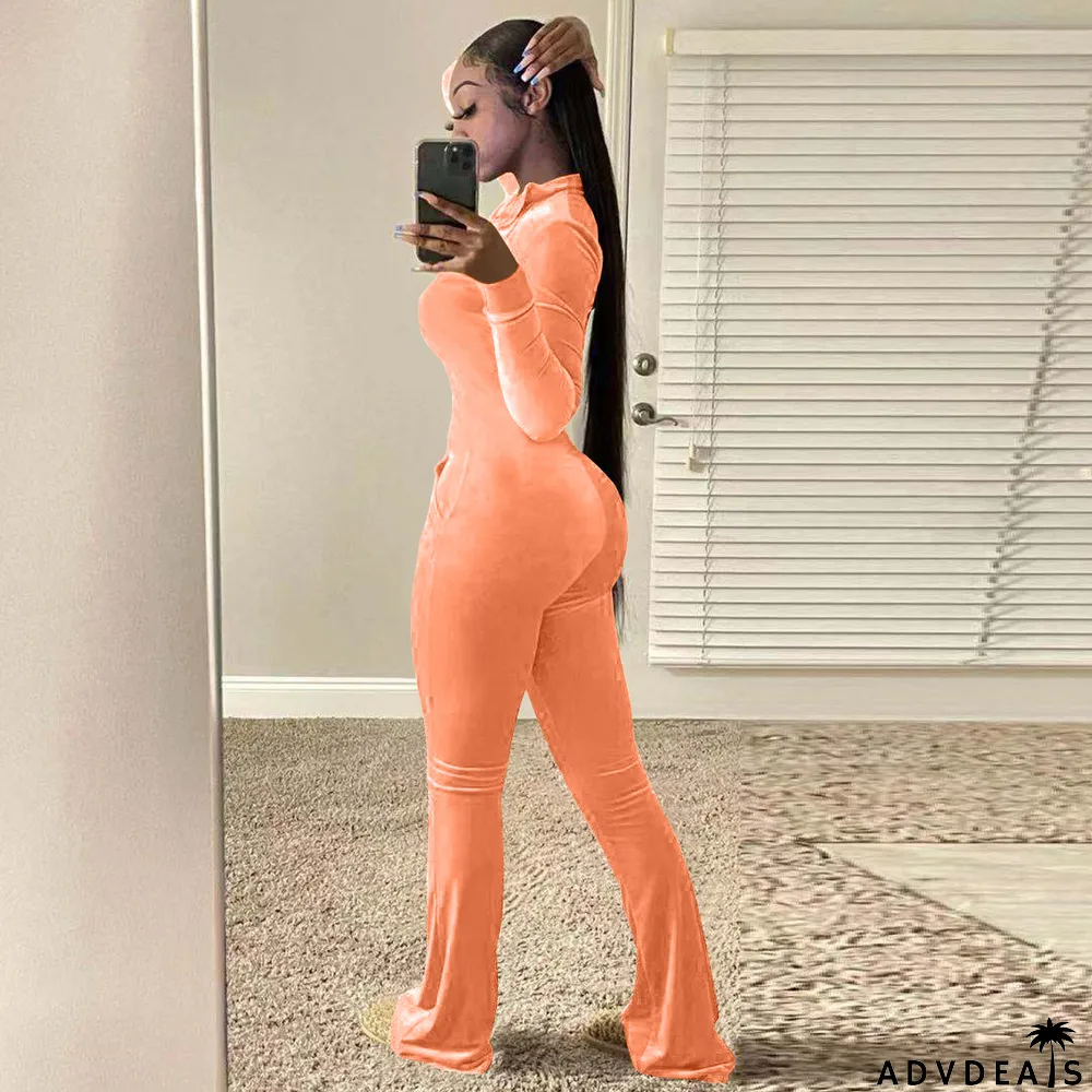 Solid Velvet Long Sleeve Zipper Flared Jumpsuit