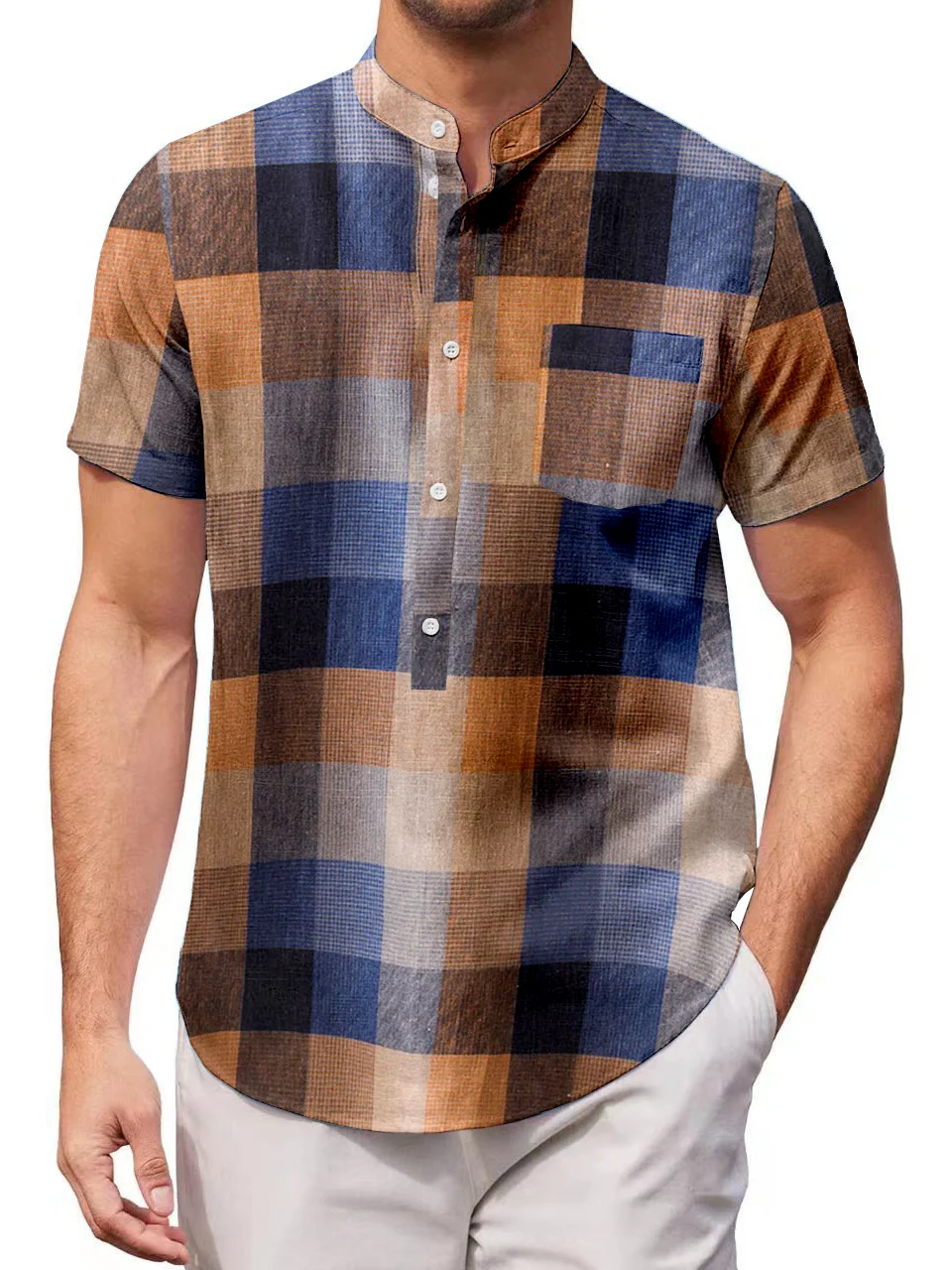 Men's Cotton Linen Casual Vacation Plaid Short Sleeve Shirt
