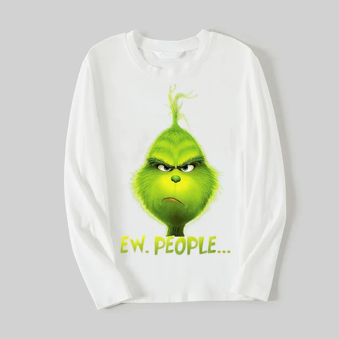 Christmas Cartoon Pattern and EW People Print White Long Sleeve with White&Red&Green Plaid Pants Family Matching Pajamas