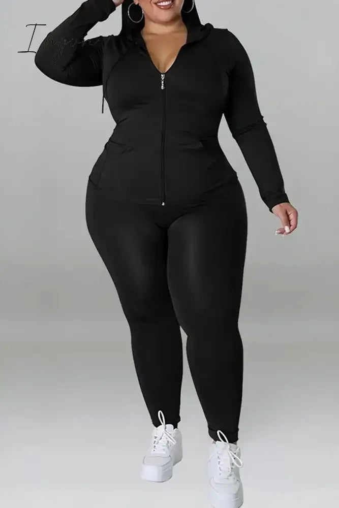 Ingvn - Black Casual Solid Patchwork Draw String Pocket Zipper Hooded Collar Plus Size Two Pieces /