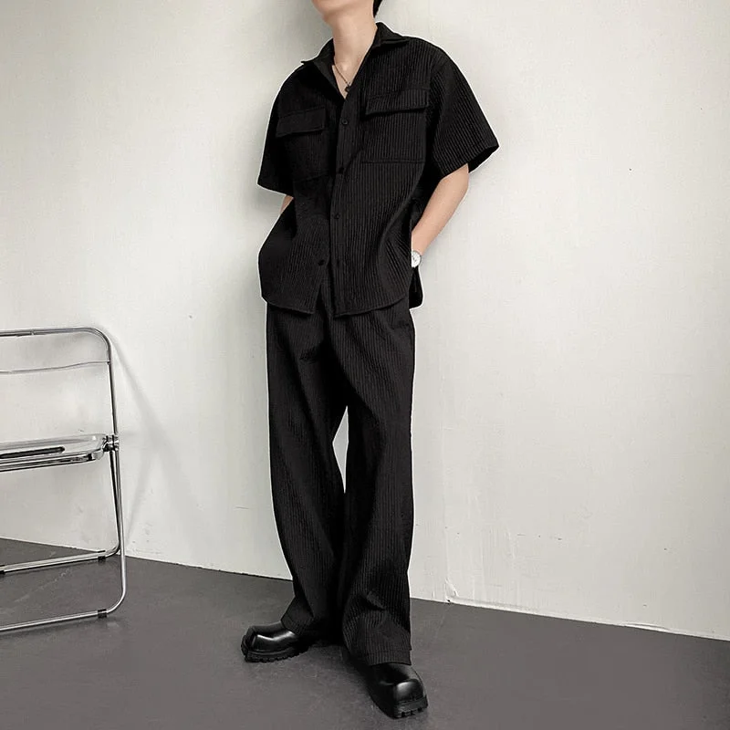 Inongge Summer Pleated Set Men Fashion Vintage Short Sleeve Shirt/Pants Two Piece Men Streetwear Korean Loose Oversized Mens Sets M-3XL