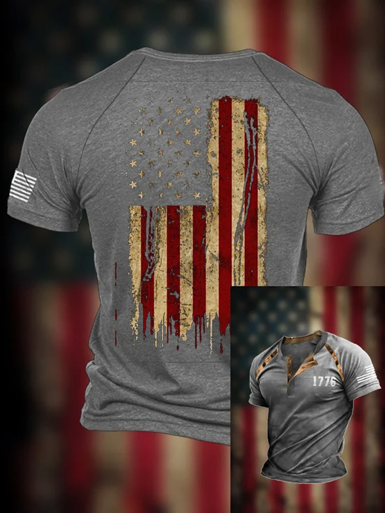 Comstylish Men's Vintage Patchwork Flag Independence Day Henley Neck T-Shirt