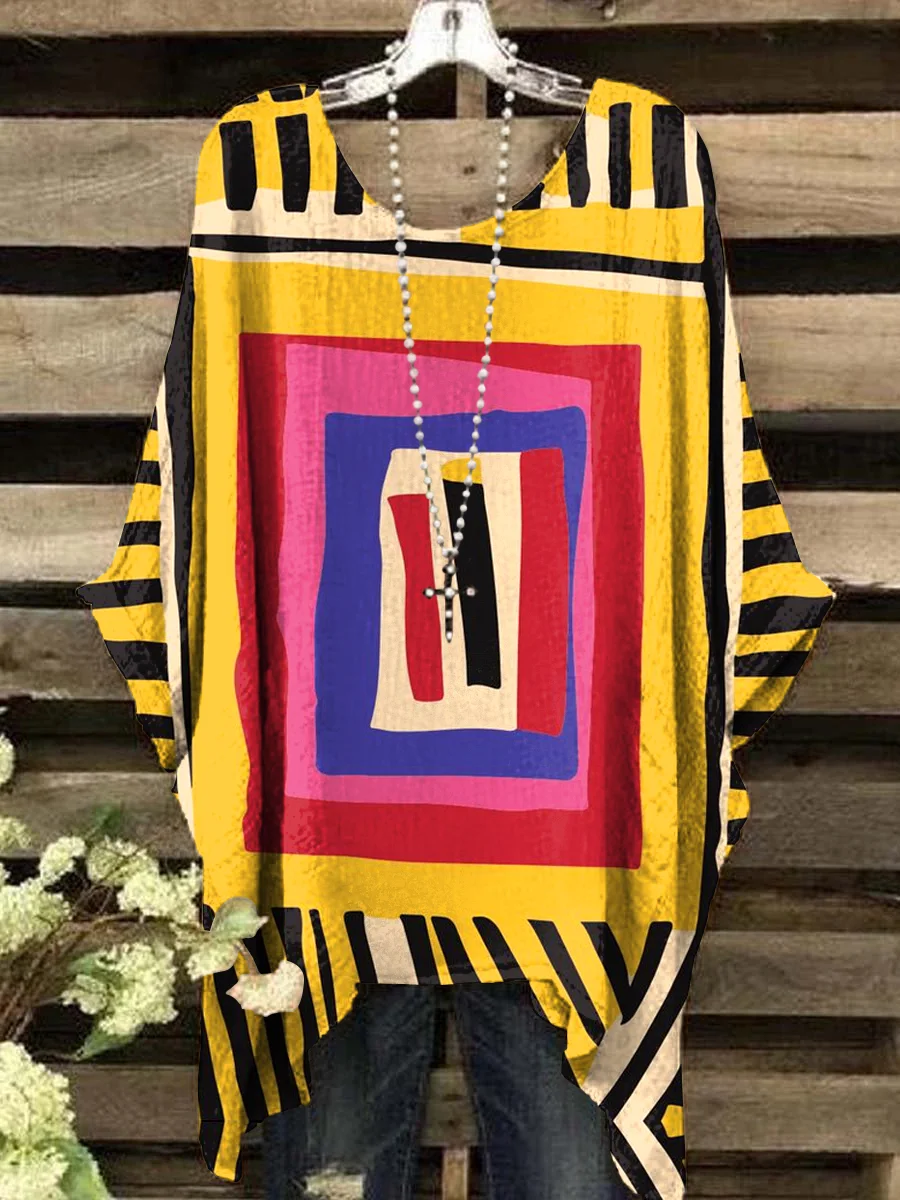Women's Vintage Abstract Line Geometric Art Print Crew Neck Top