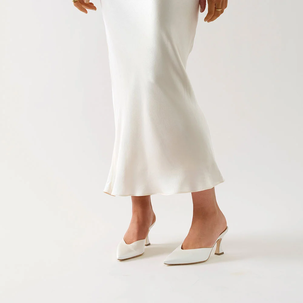 Elegant Ivory Satin Pointed Toe Flared Heel Mule Shoes for Women