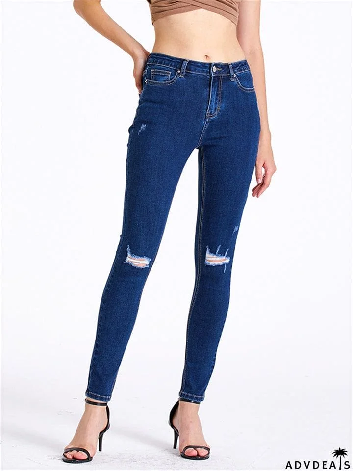 Simple Style Daily Slim Fit Ripped Dark Blue Jeans for Women