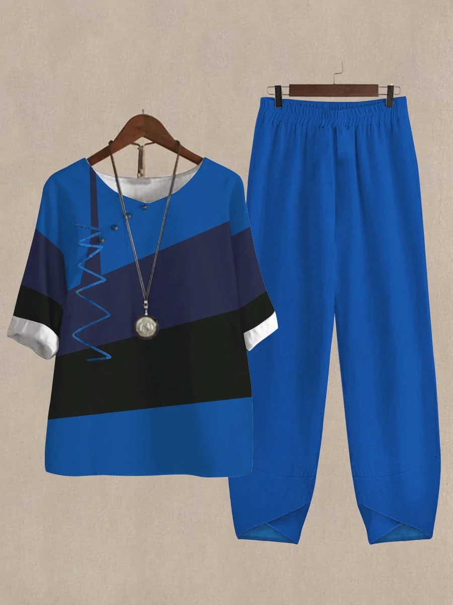 Linen Casual Women's Color Block Print Two Pieces Set