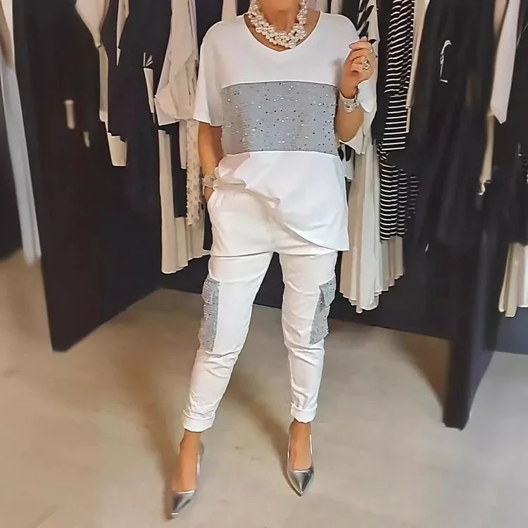 Casual Crew Neck Sequin Two-piece Suit