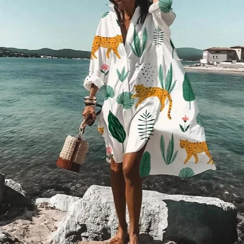 Women Buttons Shirt Dresses Autumn Elegant Floral Printed Long Sleeve Dress Ladies Casual Loose A-Line Beach Boho Dress Vestidos